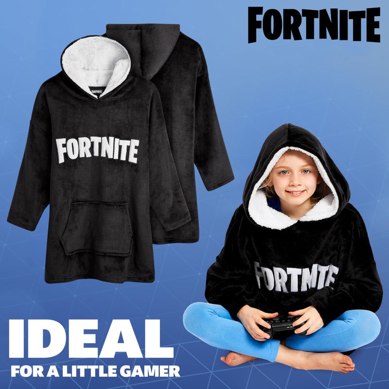FORTNITE بطانية هودي فورتنايت هدايا للأولاد والمراهقين، سترة فليس كبيرة مع غطاء رأس مبطن بشيربا، بطانية قابلة للارتداء للاعبين (طباعة سوداء للأطفال) - Image 5